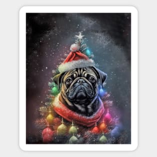 Black Pug Dog Christmas Tree Santa Sticker